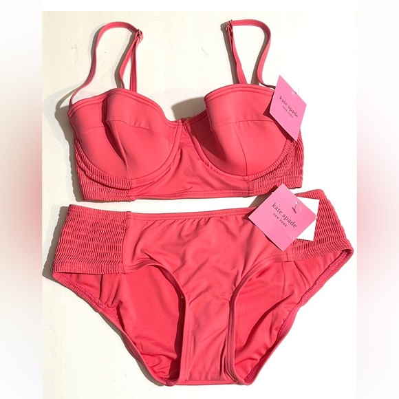 Kate Spade NY Underwire Zip/Smocked Top Bottom Swimsuit Pink Cloud, NWT - Picture 3 of 5